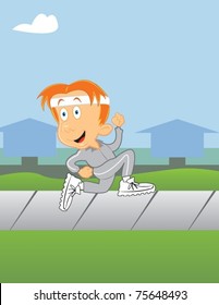 A Young Red-haired Man Wearing A Grey Sweat Suit Jogging In The Neighborhood Smiling At Traffic