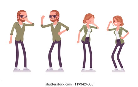 Young red-haired man and woman in negative emotions. Unhappy caucasian boy and girl ginger hair feeling sad or having a depressed mood, cannot enjoy life. Vector flat style cartoon illustration