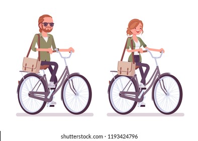 Young red-haired man and woman riding a bicycle. Caucasian boy and girl with ginger hair, wearing urban jacket enjoy a walk at two-wheeled vehicle. Vector flat style cartoon illustration