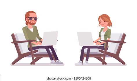 Young red-haired man and woman sitting and resting, working with laptop. Caucasian boy and girl with ginger hair, calm and happy at free time. Vector flat style cartoon illustration