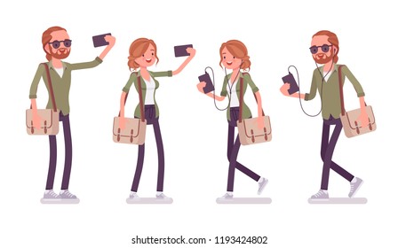 Young red-haired man and woman with smartphone. Caucasian boy and girl with ginger hair, wearing urban jacket and accessories, take selfie. Vector flat style cartoon illustration, front and rear view