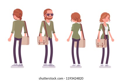 Young red-haired man and woman standing. Caucasian city boy and girl with ginger hair wearing urban jacket and accessories. Vector flat style cartoon illustration, front and rear view