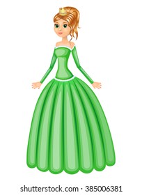 Young red-haired princess in long green dress, isolated