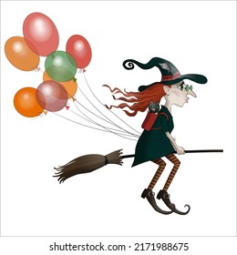 Young red-haired witch on broomstick with balloons flying to holiday with black cat.
Funny cartoon character. Vector illustration isolated on white background. Cute picture for halloween celebration.