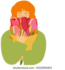 Young red-haired woman with a bouquet blooming tulips.Vector modern illustration in flat style. For printing on postcards and posters of congratulations on birthday, Valentine's Day, Women's Day.