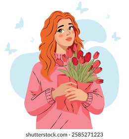 Young red-haired woman in a bright pink sweater holding a bouquet of red tulips. Butterflies flutter around her, creating a springtime atmosphere. Vector.