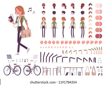 Young red-haired woman character creation set. Attractive girl with ginger hair. Full length, different views, emotions, gestures. Build your own design. Vector illustration