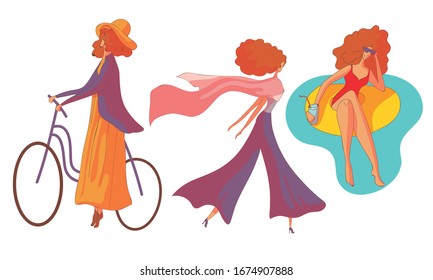 Young Red-haired Woman Cycling and Walking with Her Scarf Waving in the Breeze Vector Set
