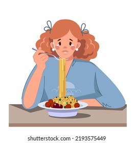 Young red-haired woman eating hot delicious spaghetti bolognese. Conceptual illustration. Cooking and healthy food. Breakfast, lunch or dinner. Healthy lifestyle. Vector illustration in cartoon style
