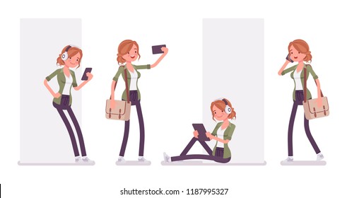 Young red-haired woman and gadgets. Caucasian attractive girl with ginger hairstyle, wearing urban jacket spend time texting and chatting. Vector flat style cartoon illustration