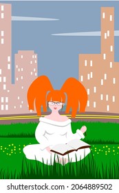 A young red-haired woman with glasses is sitting on the grass in the park against the backdrop of tall houses. White knitted suit. A sunny day. American lifestyle. Picnic in nature. Distance learning 