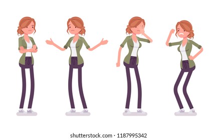 Young red-haired woman in negative emotions. Unhappy caucasian attractive girl with ginger hairstyle feeling sad or having a depressed mood, cannot enjoy life. Vector flat style cartoon illustration