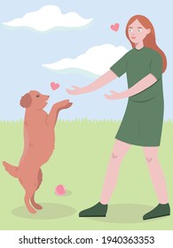 A young red-haired woman is playing in the park with her dog. Flat vector illustration. Walking and leisure time with your pet. Love to the animals