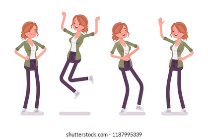 Young red-haired woman in positive emotions. Caucasian attractive girl with ginger hairstyle, optimist, feels good, confident about life, jump with joy and fun. Vector flat style cartoon illustration