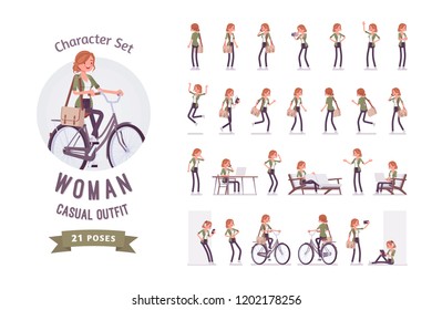 Young red-haired woman ready-to-use character set. Caucasian girl with ginger hair, wearing urban haki jacket and accessories, working, resting. Full length, different views, gestures, emotions