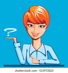 Young red-haired woman showing the palm of a question mark.