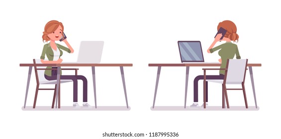 Young red-haired woman sitting and working at the desk. Caucasian attractive girl with ginger hairstyle, self-employed lady at the laptop. Vector flat style cartoon illustration, front and rear view