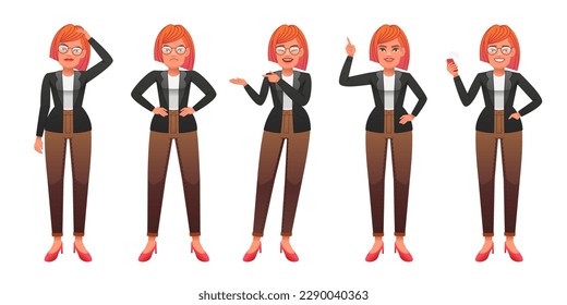 A young red-haired woman is standing with a smartphone in her hand, thinking about something, dissatisfied with her hands on her sides, pointing at something. A beautiful slender white girl with glass