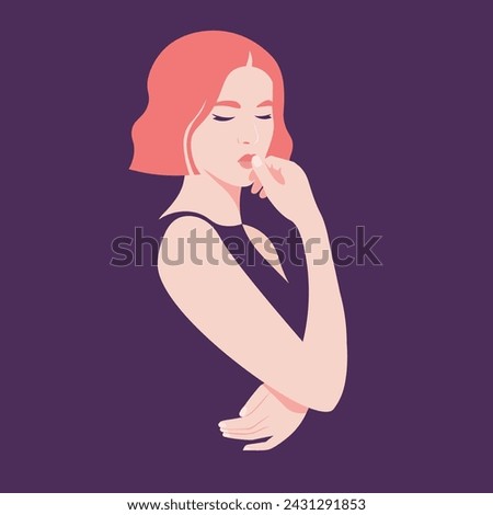 A young red-haired woman thinks and makes a decision. Portrait of a student standing with her eyes closed. Problems and their solution. Vector flat illustration