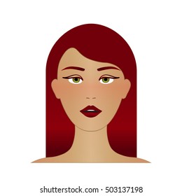 Young red-haired woman. Vector cute girl face. Woman portrait Natural beauty face Vector.
Pretty girl  with long red hair style. Vector avatar icon. Green eyes red lips