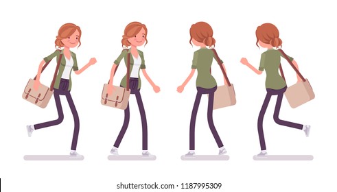 Young red-haired woman walking and running. Caucasian attractive girl with ginger hairstyle, wearing urban jacket and accessories. Vector flat style cartoon illustration, front and rear view