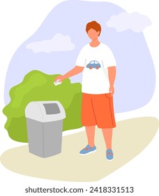 Young redhead boy throwing trash away outdoor. Eco-friendly child contributing to environment preservation. Recycling and ecological lifestyle vector illustration.