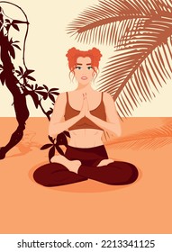 Young redhead girl doing yoga on the desert background