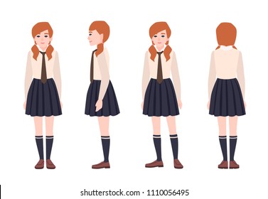 Young redhead girl dressed in school uniform. Female student or pupil wearing formal clothes. Flat cartoon character isolated on white background. Front, side and back views. Vector illustration