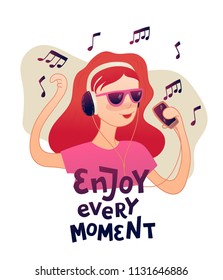 Young redhead girl listening to music with headphones vector design. Lettering Enjoy every moment. Pink, violet and beige colors, isolated background. Perfect for prints, posters, textile prints.