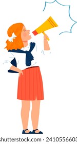 Young redhead girl shouting into megaphone with speech bubble. Communication, announcement, and attention concept vector illustration.