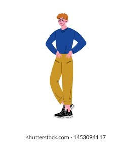 Young Redhead Handsome Man in Casual Clothes Standing with Hands on His Waist Vector Illustration