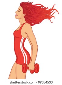 Young redhead lady doing workout with two red dumbells isolated on white