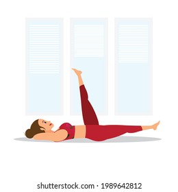 junge Rotkopfdame, die Bein praktiziert, hocheffiziente Yoga asana, eine junge Frau im roten Fitnessstudio, die Yoga praktiziert 