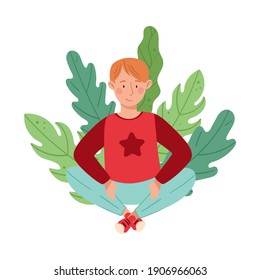 Young Redhead Male Resting Outdoor in Sitting Pose with Green Foliage Behind Vector Illustration