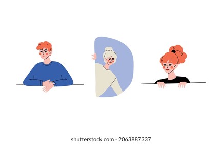 Young Redhead Man and Blond Woman Looking Out of Window or from Balcony Vector Set