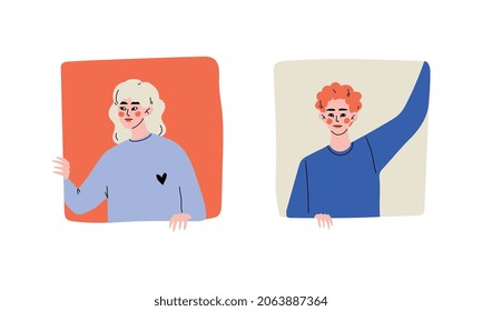 Young Redhead Man and Blond Woman Looking Out of Square Window Vector Set