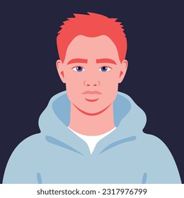 Young redhead man in a blue hoodie. Portrait of an abstract guy. Full face abstract male avatar in flat style