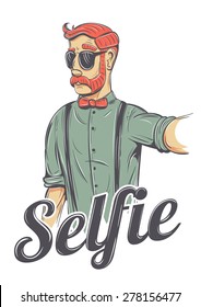 Young redhead man making a selfie vector illustration. Chic hipster in sunglasses, bow tie, he has mutton chops style mustache and a cool look.