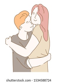 Young Redhead Mother Hugging Her Teenage Grownup Son, Unconditional Love, Motherly Affection, Motherhood, Family Bond And Connection, Colorful Doodle Sketch Illustration On White Background