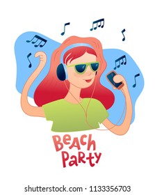 Young redhead teen girl listening to music with headphones vector design. Lettering Beach party. Flat style. Perfect for prints, posters, textile prints.
