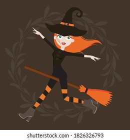 Young redhead witch flying on a broomstick vector illustration