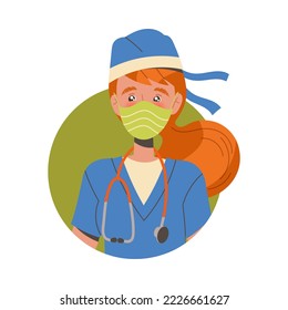 Young Redhead Woman Doctor in Face Mask with Stethoscope Vector Illustration