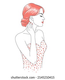 Young redhead woman in dress vector one line illustration. Beautiful elegant woman wearing evening gown. Female profile line art minimalist print.