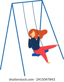 Young redhead woman enjoying a swing ride. Girl with long hair swinging on playground. Childhood nostalgia and happiness concept vector illustration.