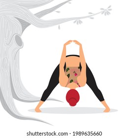 Young redhead woman practicing forward bend yoga asana, the young redhead lady in gym outfit practicing forward bend outdoor