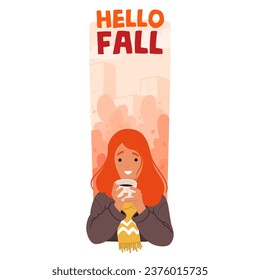 Young Redhead Woman Sips A Steaming Hot Drink Amid The Colorful Foliage Of Autumn. Female Character Finding Warmth And Solace In The Crisp, Golden Embrace Of The Season. Cartoon People Vector Banner