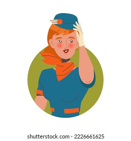 Young Redhead Woman Stewardess in Blue Flight Cap and Red Neckcloth Vector Illustration