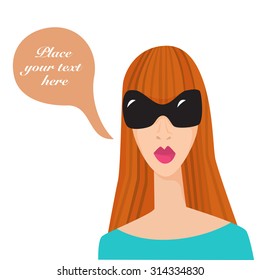 Young redhead woman with talking bubble vector illustration. You can place your text to the bubble.