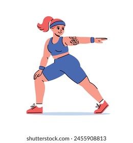 Young redhead woman with tattoo in blue sport outfit doing pilates exercise. Flat vector illustration with body positive, active lifestyle concept. Plus-size cartoon female character working out. 