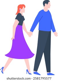 Young redhead woman wearing a purple skirt walking hand in hand with an elegant man, embodying love, affection, and a deep emotional connection in their joyful relationship